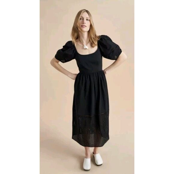 La Ligne Dresses & Skirts - LA LIGNE Lulu Eyelet Midi Puff Sleeve Dress Size S Black NWT MSRP $450